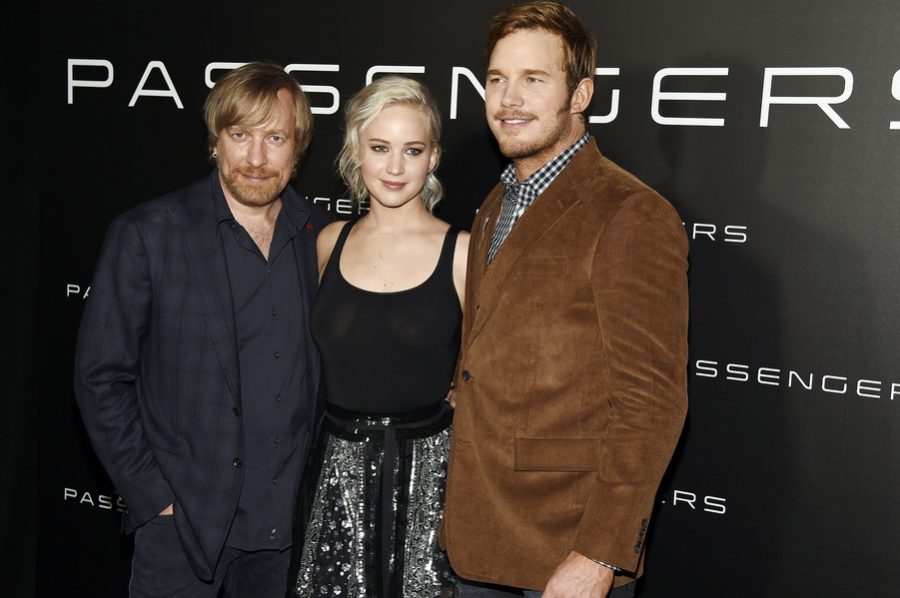 Jennifer Lawrence, Chris Pratt and Director Morten Tyldum at CinemaCon 2016 promoting Passengers. Credit: Jennifer Lawrence Films