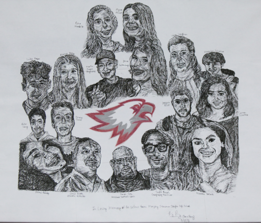 Parkland memorial drawing of the 17 victims, created by Freshman Paris Perez.