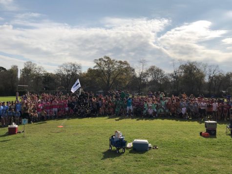 The 32 teams participating in the 2018 Cy Hope Kickball Tournament before the first set of games start.