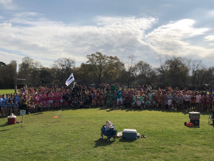 The 32 teams participating in the 2018 Cy Hope Kickball Tournament before the first set of games start.