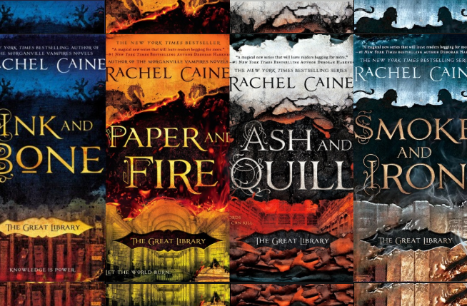 The four books of The Great Library series, Ink and Bone, Paper and Fire, Ash and Quill, and Smoke and Iron.