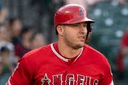 Mike Trout running the bases at a Los Angeles Angels baseball game.