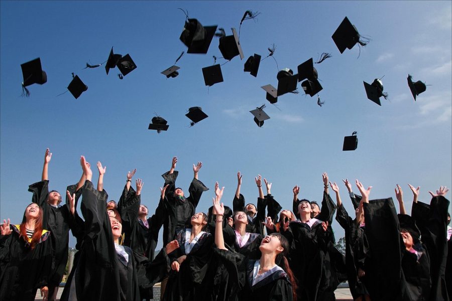 Students throwing their graduation caps in the air