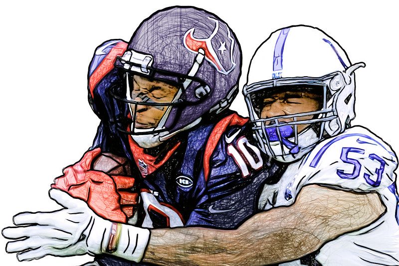 Indianapolis Colts Linebacker Darius Leonard tackles Houston Texans Wide Receiver Deandre Hopkins after a reception. 