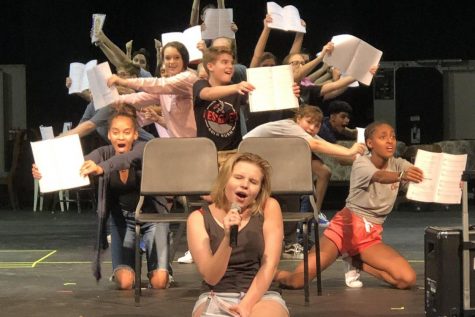 The cast of Junie B. Jones performs Top Secret Personal Beeswax, the opening number, in rehearsal.