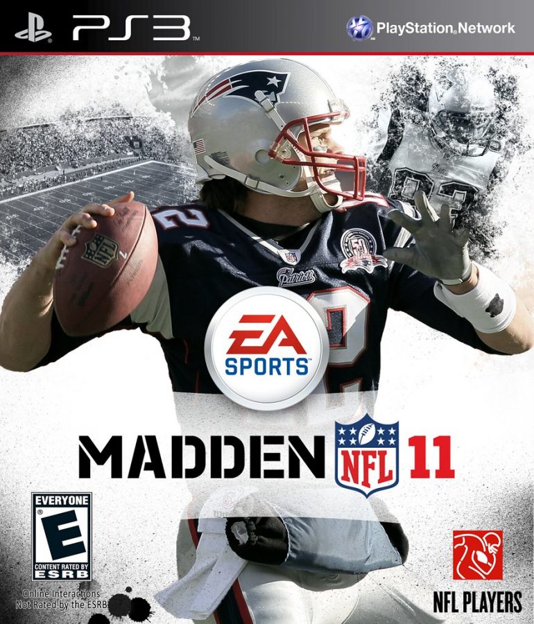 Tom Brady on the cover of Madden, an American football video game.