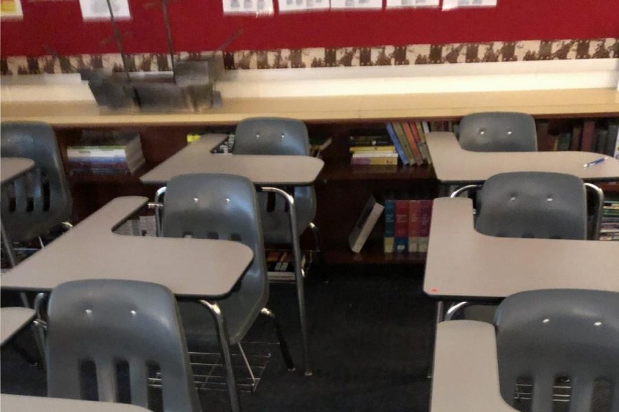 Rows of desks in a Cy Woods classroom.