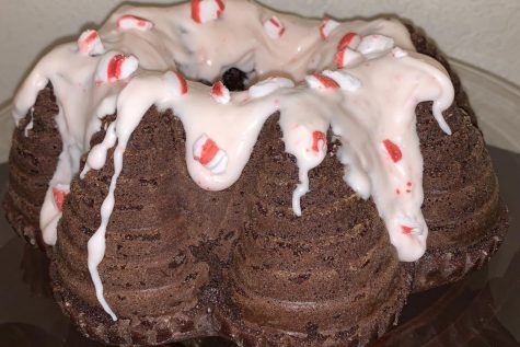 The chocolate peppermint bundt cake, freshly iced and ready to serve.