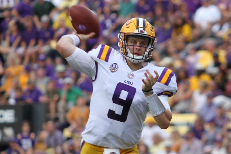 Joe Burrow getting ready to throw the ball against SELU on Sept. 8, 2018 at Tiger Stadium.