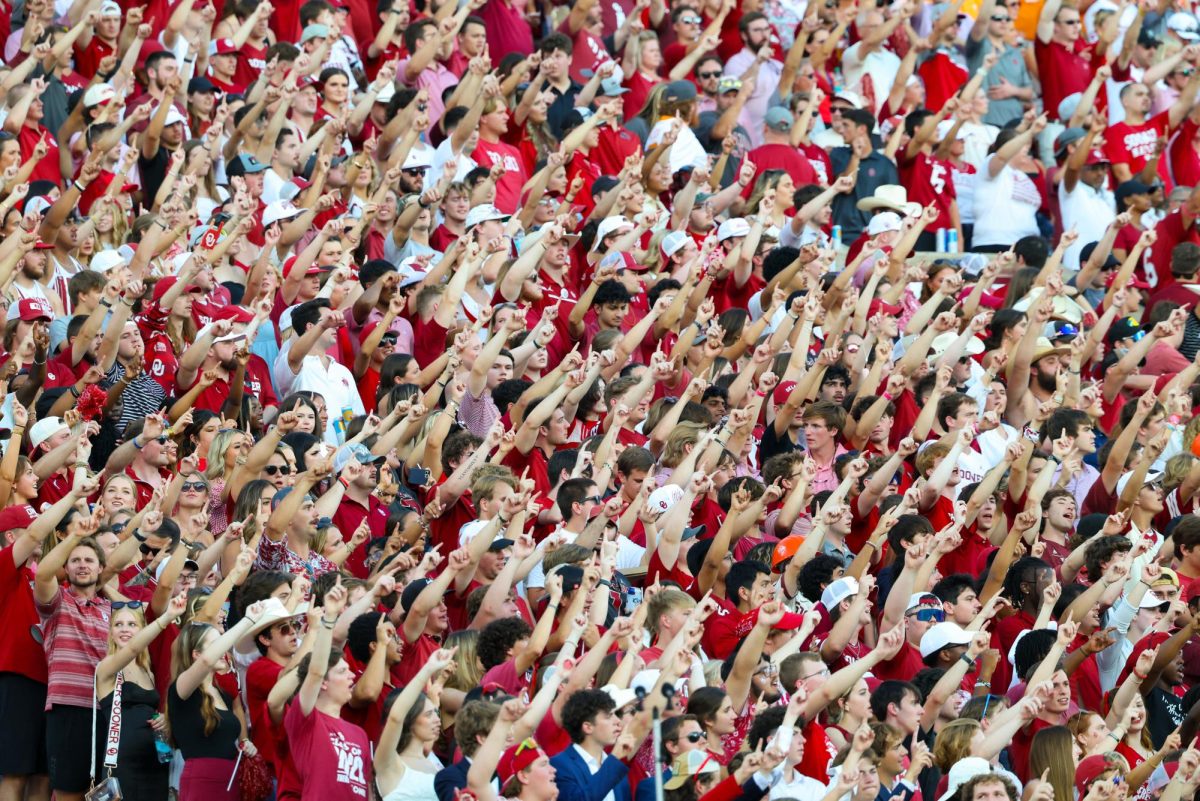 Sep 21, 2024; Norman, Oklahoma, USA;  Oklahoma Sooners fans before the game against the Tennessee Volunteers at Gaylord Family-Oklahoma Memorial Stadium. Mandatory Credit: Kevin Jairaj-Imagn Images