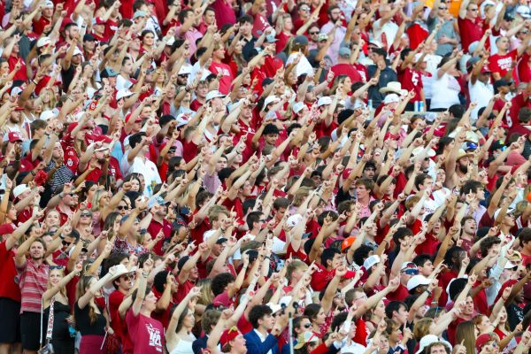 Sep 21, 2024; Norman, Oklahoma, USA;  Oklahoma Sooners fans before the game against the Tennessee Volunteers at Gaylord Family-Oklahoma Memorial Stadium. Mandatory Credit: Kevin Jairaj-Imagn Images