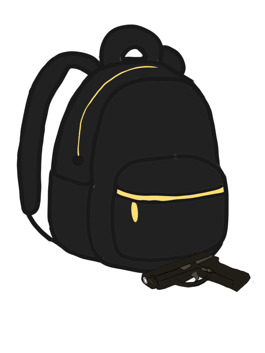 Illustration of a backpack and gun. Art created by Aubrey Nix
